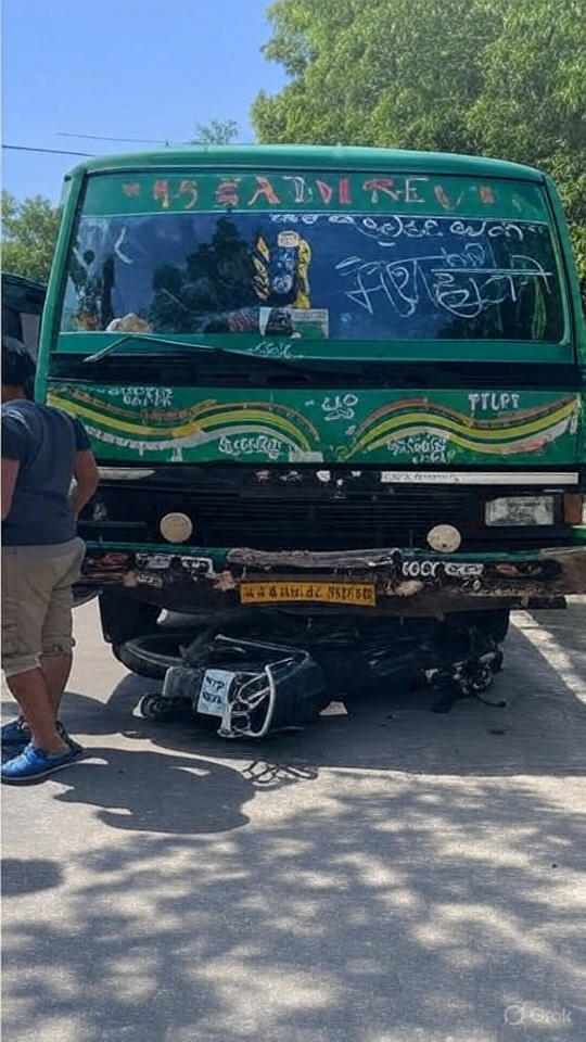 बस के नीचे आई बाइक, तीन लोग की स्थिति गंभीर