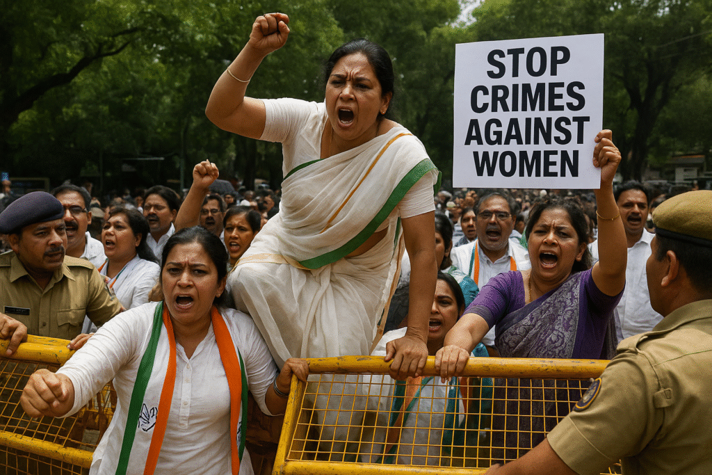 महिला अपराधों पर भड़की कांग्रेस बैरिकेड पर चढ़कर हंगामा