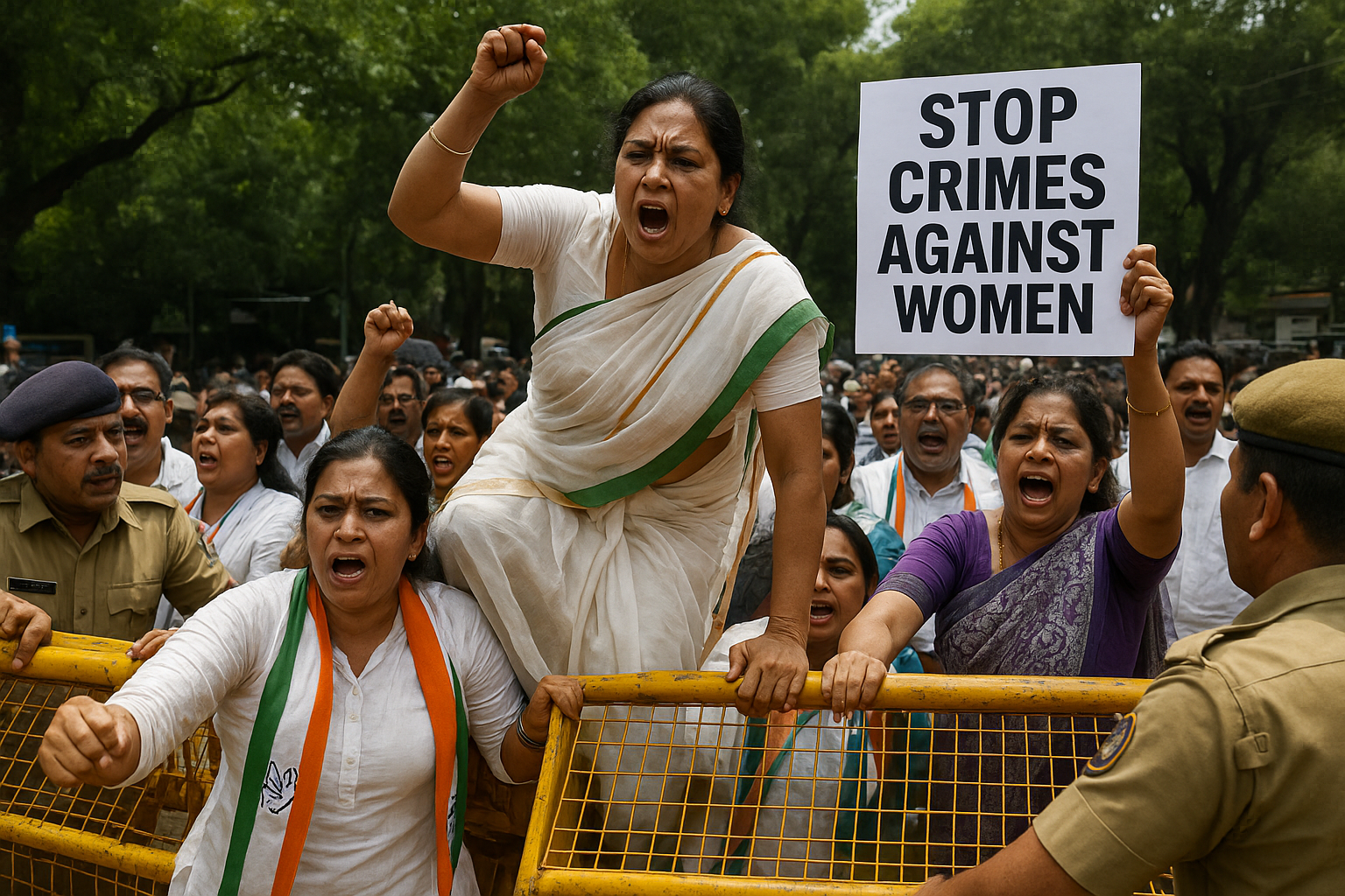 महिला अपराधों पर भड़की कांग्रेस बैरिकेड पर चढ़कर हंगामा