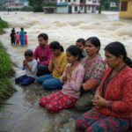 नदी किनारे घरों को निहारते लोग, भगवान से मांग रहे सुरक्षा