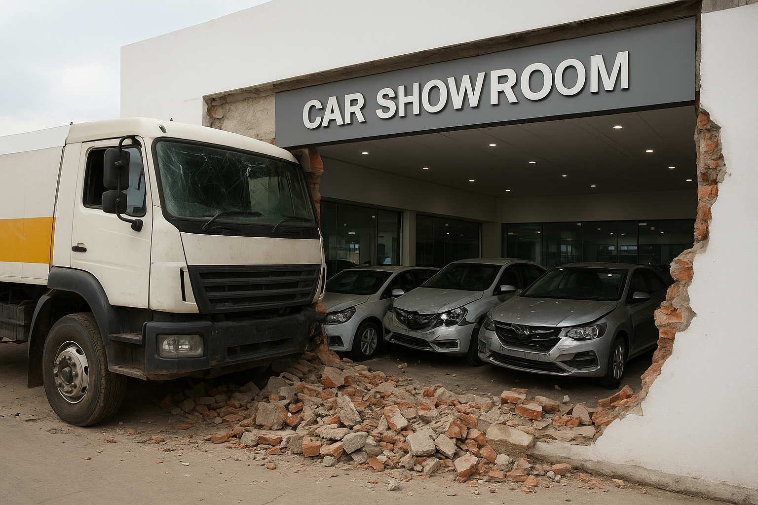 तेज रफ्तार ट्रक ने कार शोरूम की बाउंड्री वॉल तोड़ी, कई कारें हुईं क्षतिग्रस्त