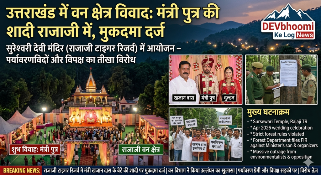 उत्तराखंड में वन क्षेत्र विवाद: समाज कल्याण मंत्री खजान दास के बेटे की शादी राजाजी टाइगर रिजर्व के सुरेश्वरी देवी मंदिर में, वन विभाग ने दर्ज किया मुकदमा – पर्यावरणविदों और विपक्ष का तीखा विरोध