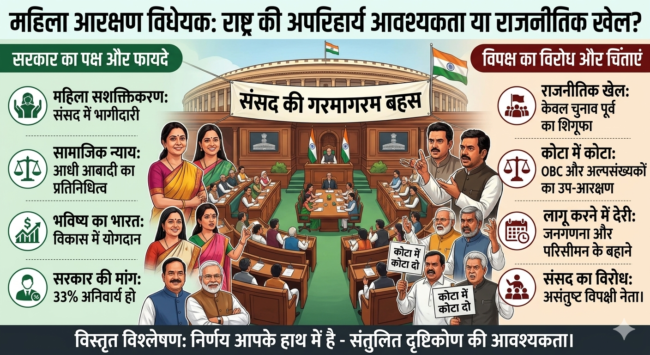 महिला आरक्षण विधेयक: राष्ट्र की अपरिहार्य आवश्यकता या राजनीतिक खेल? सरकार की मांग, विपक्ष का विरोध, फायदे-नुकसान और संसद की गरमागरम बहस – विस्तृत विश्लेषण
