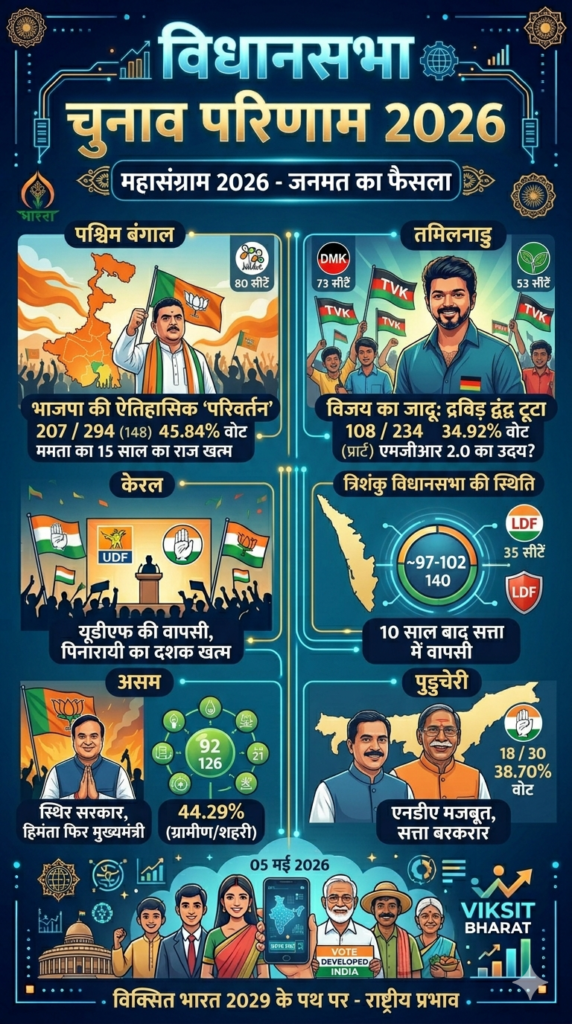 भारत के पांच राज्यों और केंद्र शासित प्रदेश के विधानसभा चुनाव परिणाम 2026: विस्तृत समाचार रिपोर्ट