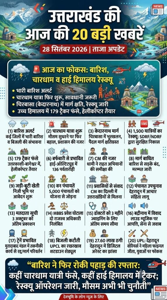 उत्तराखंड की आज की 20 बड़ी खबरें28 सितंबर 2026 | ताजा अपडेट