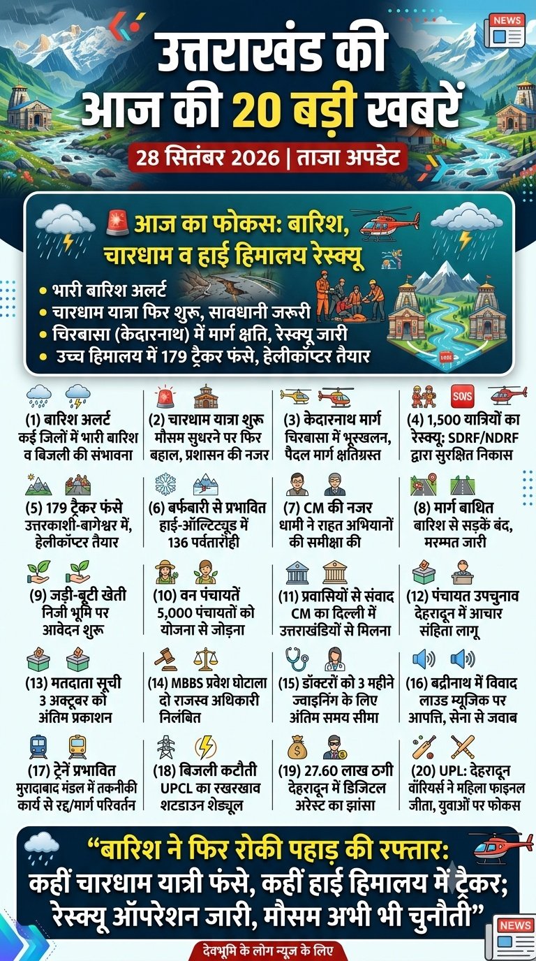 उत्तराखंड की आज की 20 बड़ी खबरें28 सितंबर 2026 | ताजा अपडेट