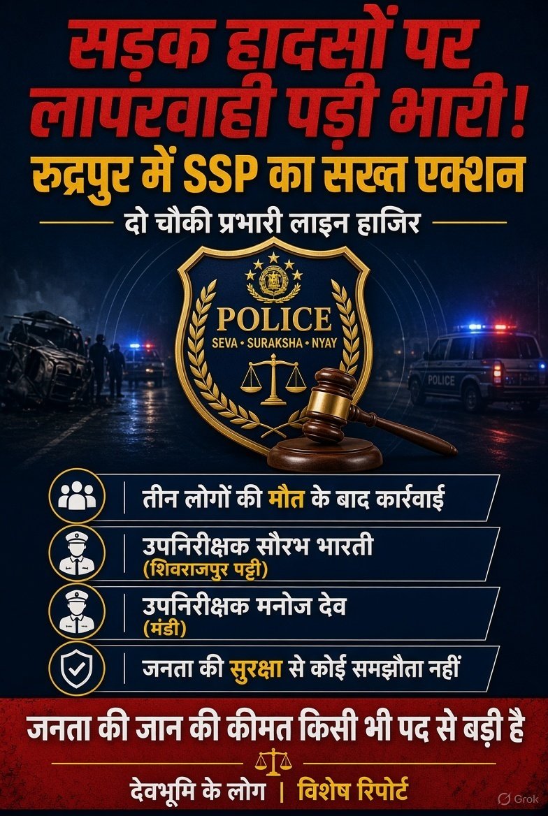सड़क हादसों पर लापरवाही पड़ी भारी! रुद्रपुर में SSP का सख्त एक्शन, दो चौकी प्रभारी लाइन हाजिर, अन्य के लिए सबक!